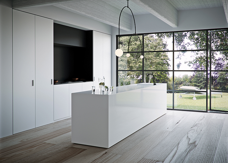 Vivid White 111 Caesarstone offers a more luxurious look than solid surfacing and comes with Caesarstone’s invaluable lifetime warranty.
