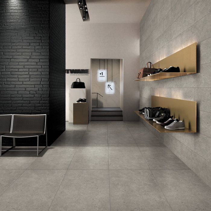 porcelain tiles on floors and walls in store
